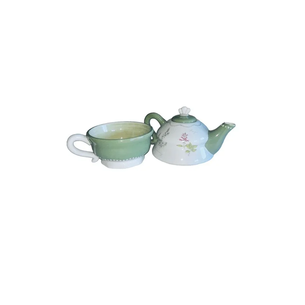 Sonoma Tea set for 1 Stacked Teapot Teacup Herbs Herb Garden 3 pc green/beige